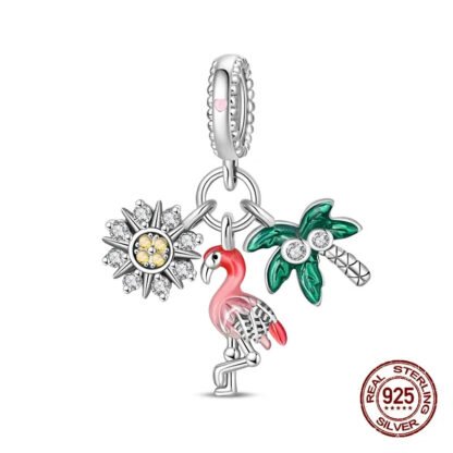 Silver Pink Flamingo Tropical Palm Tree Yellow Gems Flower Bird Charm