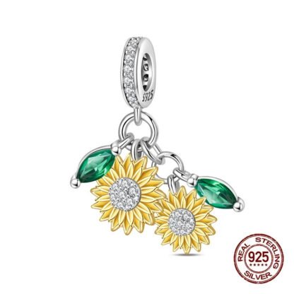 Silver Double Green Gems Twin Golden Sunflowers Charm