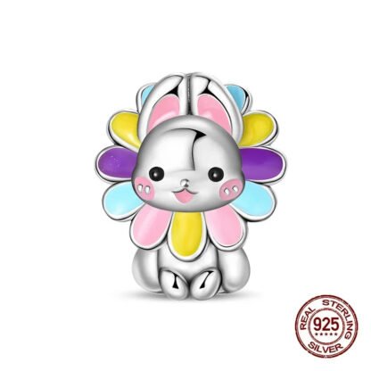 Silver Flower Head Sitting Cute Rabbit Bunny Quirky Charm
