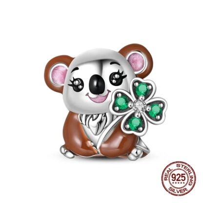 Silver Brown Sitting Cute Doe Eyed Koala Green Lucky Clover Charm