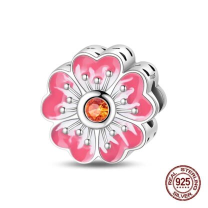 Silver Pink Cherry Blossom Flower Charm