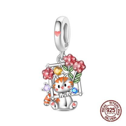 Silver Gems Flowers Frame Ginger Cute Happy Cat Hanging Pet Charm
