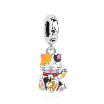 Silver Japanese Orange Black Maneki Neko Lucky Calico Cat Charm