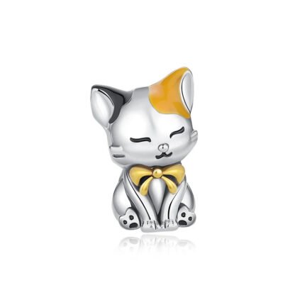 Silver Sitting Calm Calico Cat Charm