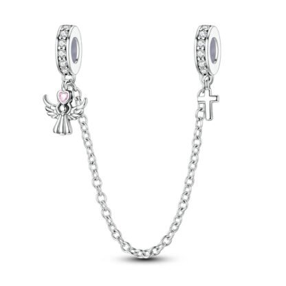 Silver Cross Pink Heart Gem Angel Chain Charm
