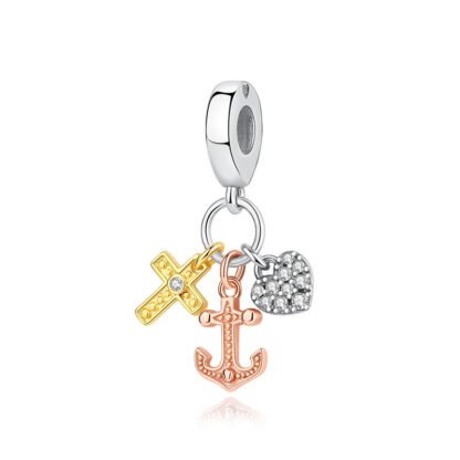 Golden Cross, Rose Gold Anchor, Silver Heart Charm - Image 2