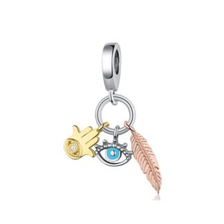 Spiritual Gold Hamsa Hand, Silver Evil Eye, Gold Rose Feather Charm