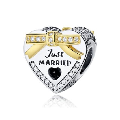 Silver Gems Gold Bow Just Married Heart Charm