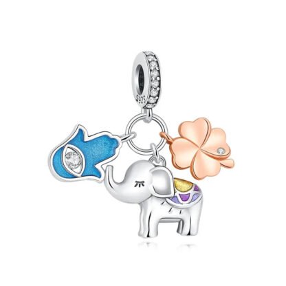 Silver Sleeping Elephant Rose Gold Lucky Clover Blue Hamsa Hand Charm