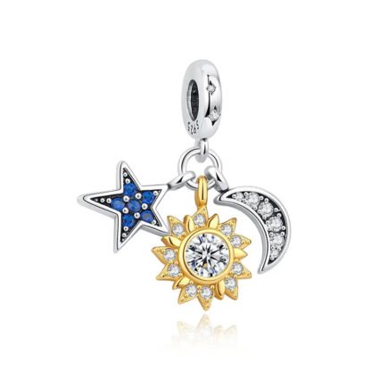 Silver Ornate Astrological Golden Sun Crescent Moon Blue Star Charm
