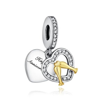 Silver Hearts Golden Clinking Glasses Happy Anniversary Charm
