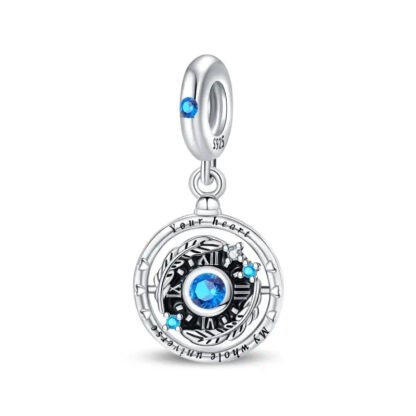 Silver Blue Gems Feathers Black Roman Numerals Clock Charm