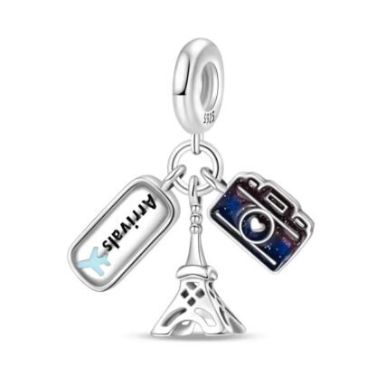 Silver Arrivals Tag Eiffel Tower Blue Camera Travel Charm