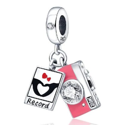 Silver Romance Love Hand Heart Recording Pink Camera Charm