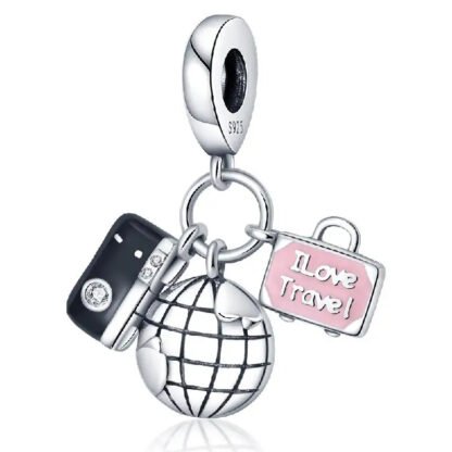 Silver Pink I Love Travel Bag Black Camera Earth Travel Charm