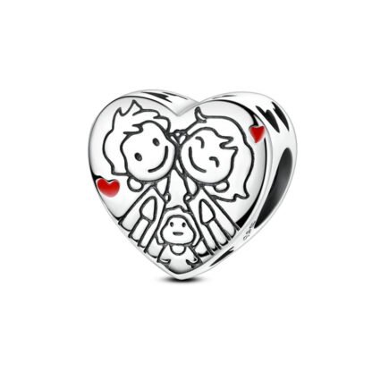 Silver Young Couple and Kid Family Love Heart Charm