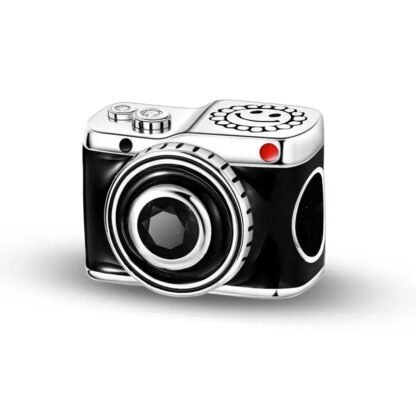 Silver Smiley Flower Black Camera Charm