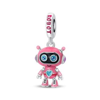 Silver Blue and Pink Happy Robot Charm