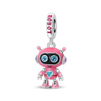 Silver Blue and Pink Happy Robot Charm