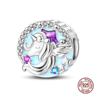 Silver Adorned Unicorn Blue Round Charm