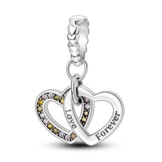 Silver Double Hearts White and Pink Gems Charm