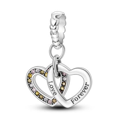 Silver Double Hearts White and Pink Gems Charm