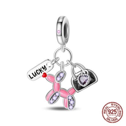 Silver Lucky Tag Black Purse Pink Balloon Dog Charm