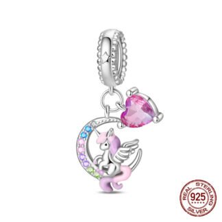 Silver Pink Heart Unicorn Gems Crescent Moon Charm
