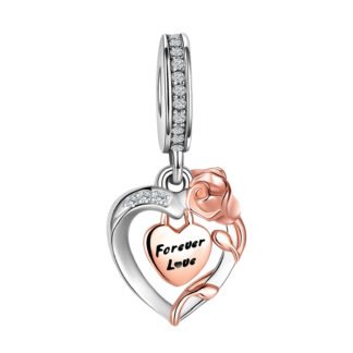 Silver Heart Rose Gold Flower Forever Love Charm