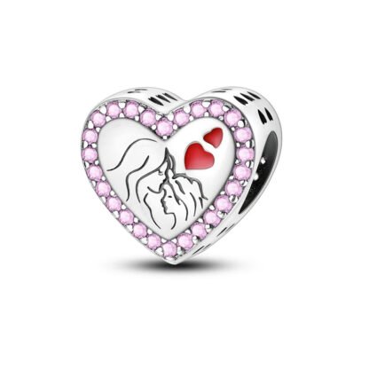 Silver Pink Gems Parental Love Mother Daughter Heart Charm