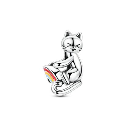 Silver Cat Kitty Hanging on Rainbow Pet Charm