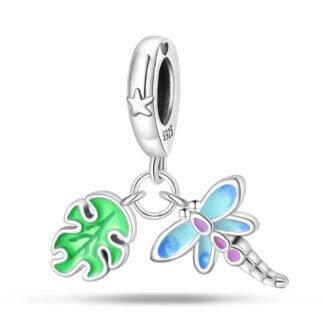 Silver Green Leaf Blue Winged Purple Dragonfly Charm