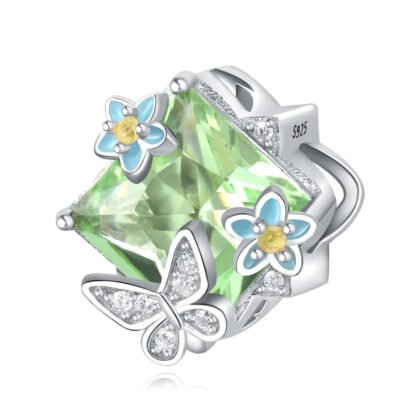 Silver Geometric Butterfly Green Gem Blue Flowers Charm