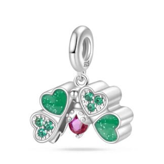 Silver Pink Ladybug In Between Lucky Green Clover Charm