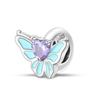 Silver Purple Heart Blue Wing Butterfly Charm