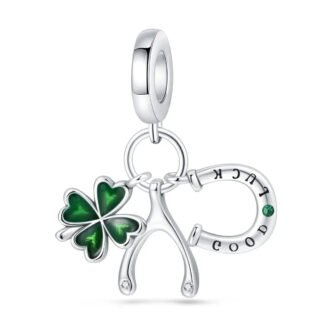 Silver Lucky Horseshoe Green Clover Wishbone Charm