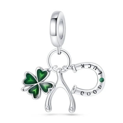 Silver Lucky Horseshoe Green Clover Wishbone Charm