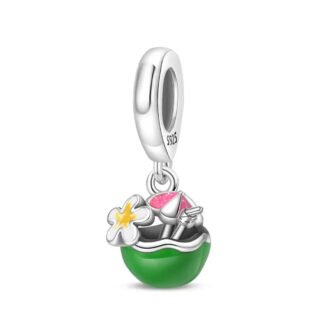 Silver White Flower Pink Umbrella Tropic Green Coconut Bowl Charm