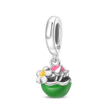 Silver White Flower Pink Umbrella Tropic Green Coconut Bowl Charm