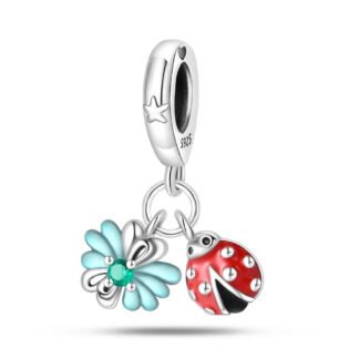 Silver Blue Flower Red Ladybug Insect Charm