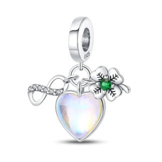 Silver Iridescent Heart Infinity Symbol Green Gem Lucky Clover Charm