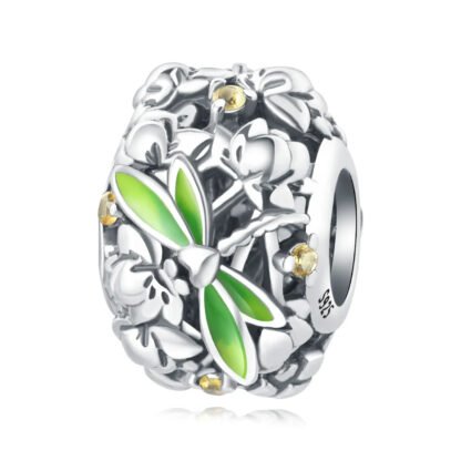 Silver Yellow Gems Green Dragonfly in Nature Charm