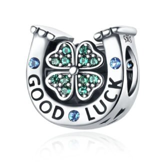 Silver Green Clover Blue Gems Horseshoe Charm