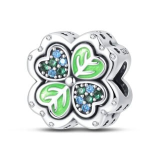 Silver Ornate Green Blue Gems Clovers Lucky Charm