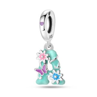 Silver Teal Letter A Flowers Butterfly Nature Lettering Charm