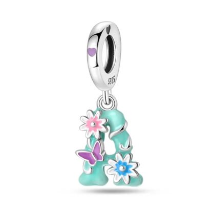 Silver Teal Letter A Flowers Butterfly Nature Lettering Charm