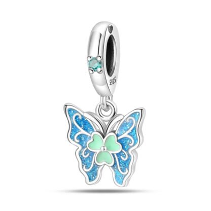 Silver Mint Clover Blue Butterfly Charm