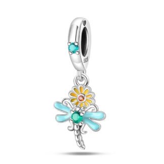 Silver Blue Dragonfly Yellow Daisy Charm