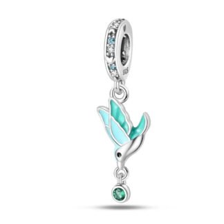 Silver Stylistic Teal Hummingbird Symbol Green Gem Charm