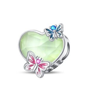 Silver Pink and Blue Butterflies Pale Green Heart Charm
